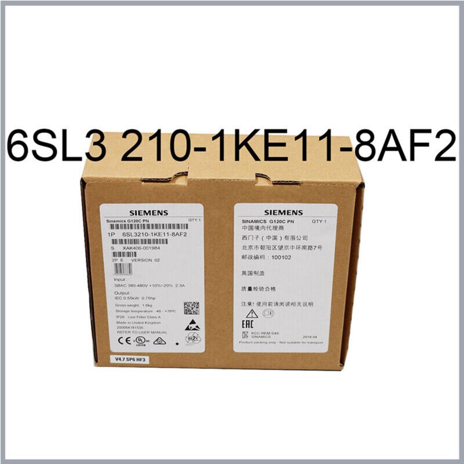 Siemens SINAMICS G120C 6SL3210-1KE11-8AF2 drive in cardboard box, industrial motor control unit