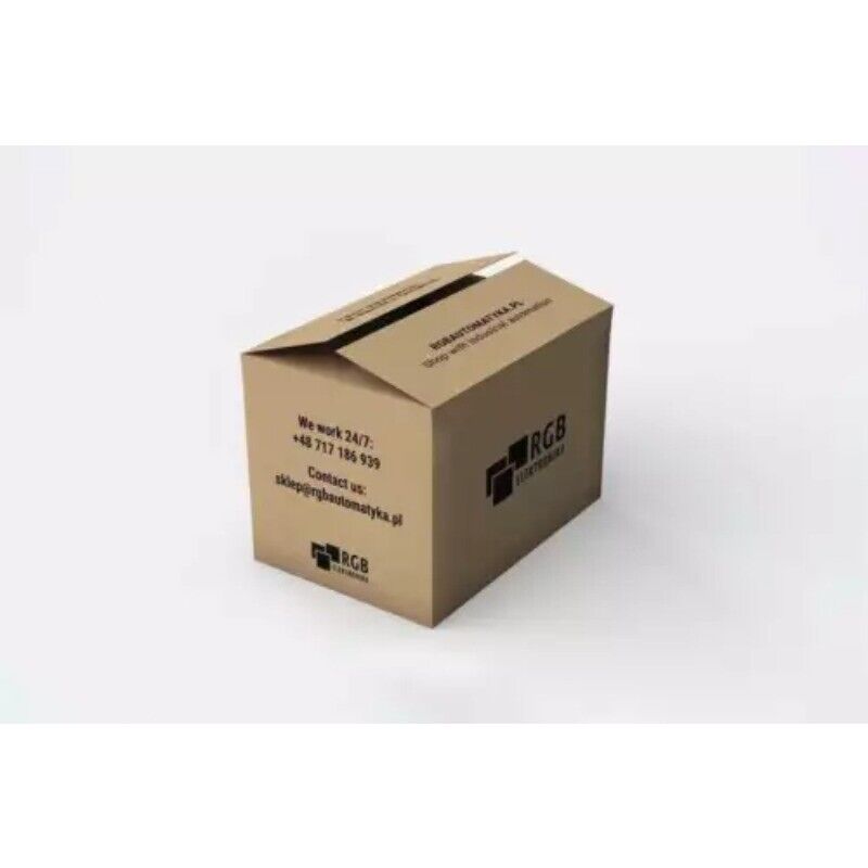 RGB Elektronik cardboard box with industrial automation parts, contact information and logo displayed.