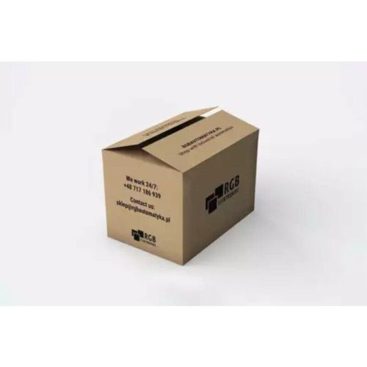 RGB Elektronik cardboard box with industrial automation parts, contact information and logo displayed.