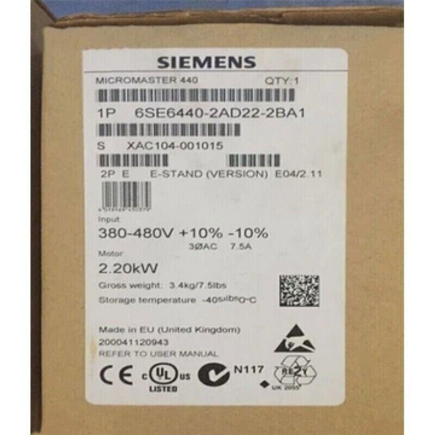 Siemens MICROMASTER 440 6SE6440-2AD22-2BA1 product label, 2.20kW motor, industrial automation component, 380-480V input.