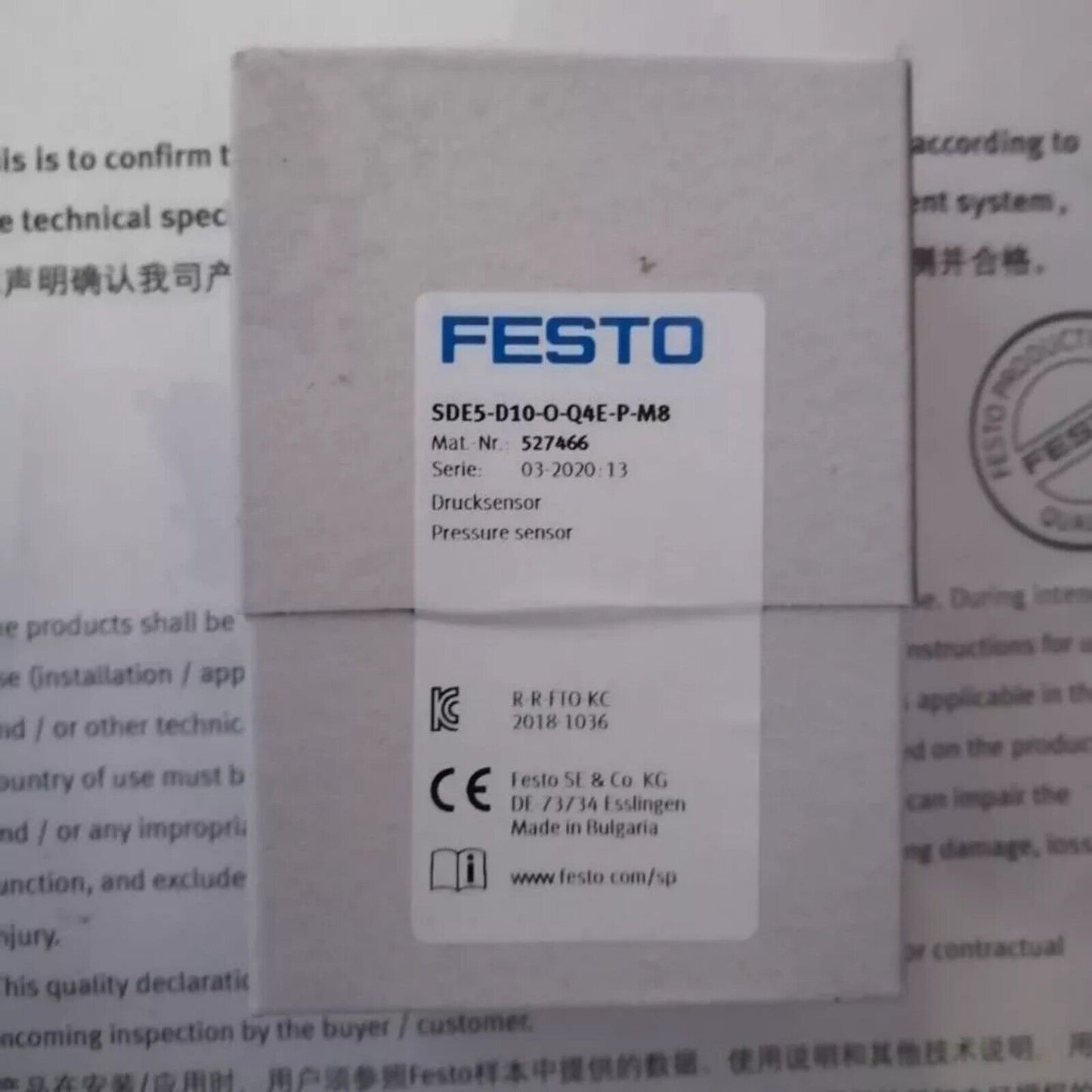 Festo SDE5-D10-O-Q4E-P-M8 Pressure Sensor, Industrial automation part, Made in Bulgaria