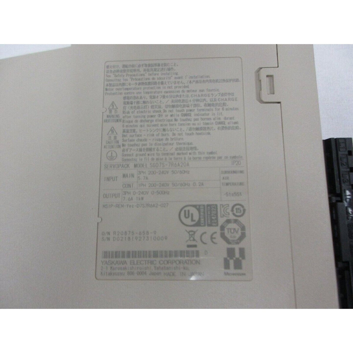 Yaskawa SGD7S-7R6A20A Servopack servo drive label, IP20 rated, industrial automation equipment, unused spare part