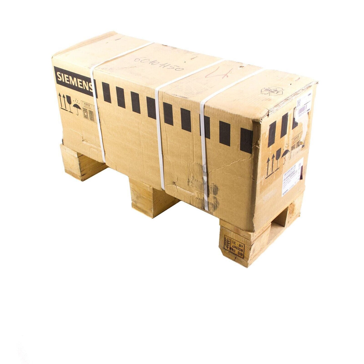 Siemens SINAMICS G120C Power Module in shipping packaging on a wooden pallet, industrial automation parts