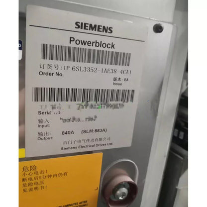 Siemens Powerblock 6SL3352-1AE38-4CA1 product label, with order number, model details, and safety warnings.