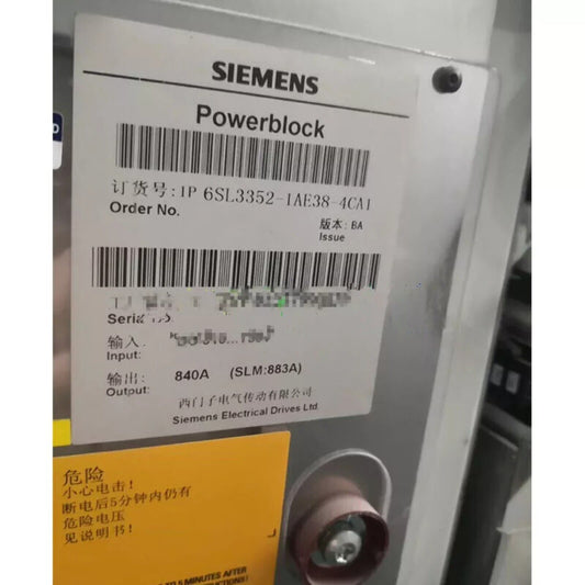 Siemens Powerblock 6SL3352-1AE38-4CA1 product label, with order number, model details, and safety warnings.