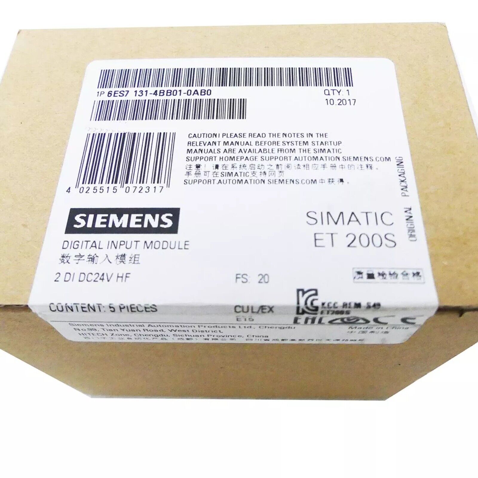 Siemens SIMATIC ET 200S Digital Input Module 6ES7 131-4BB01-0AB0, industrial automation part, 2 DI DC24V HF.