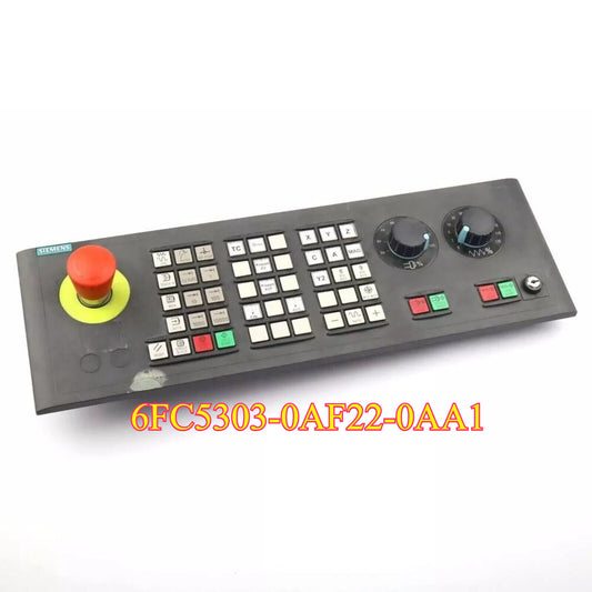 Siemens 6FC5303-0AF22-0AA1 CNC machine control panel with buttons, knobs, and emergency stop.