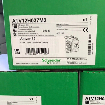 Schneider Electric ATV12H037M2 AC speed drive, Altivar 12 series, Made in China, product packaging.