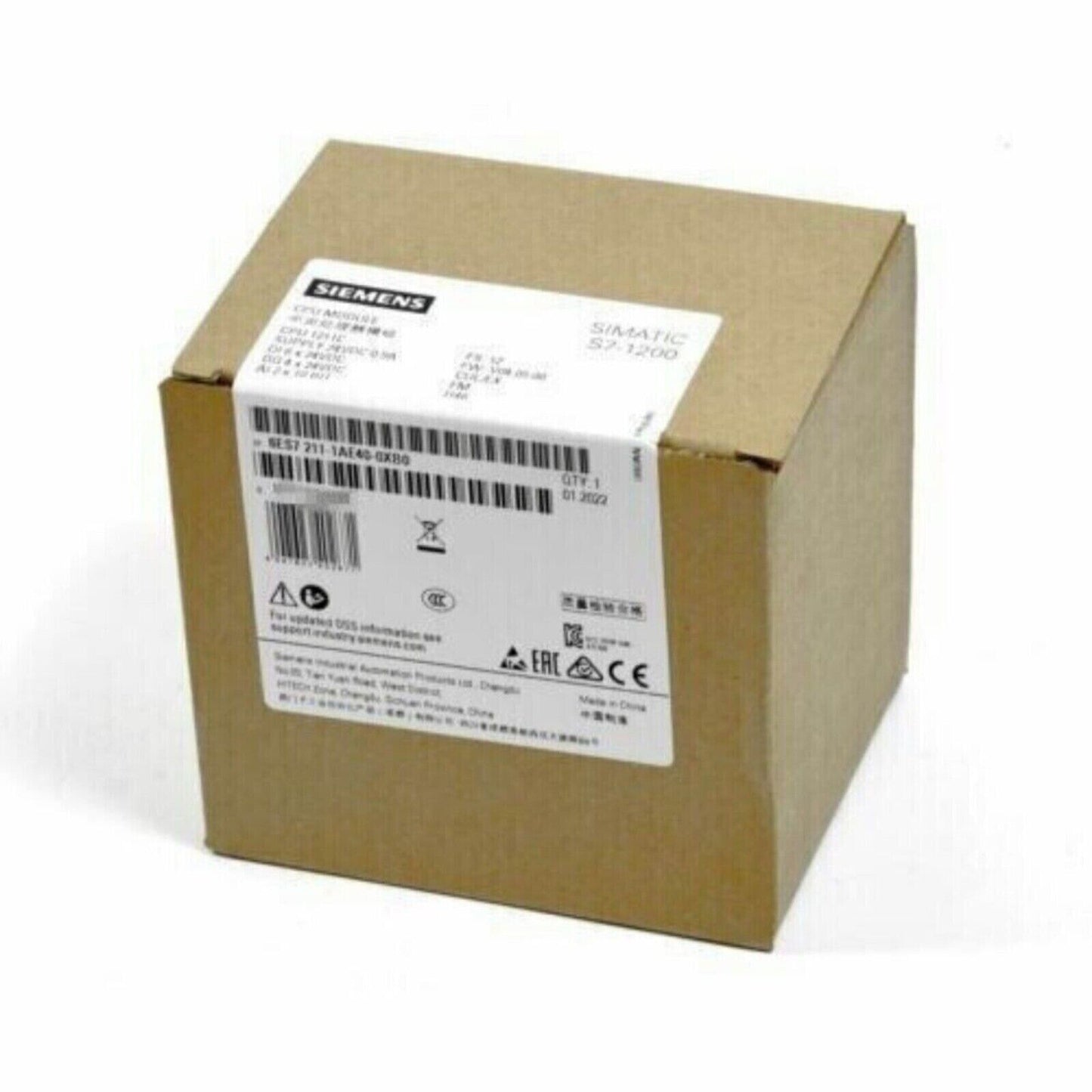 Siemens SIMATIC S7-1200 CPU 1211C in its packaging, part number 6ES7 211-1AE40-0XB0, industrial automation component.
