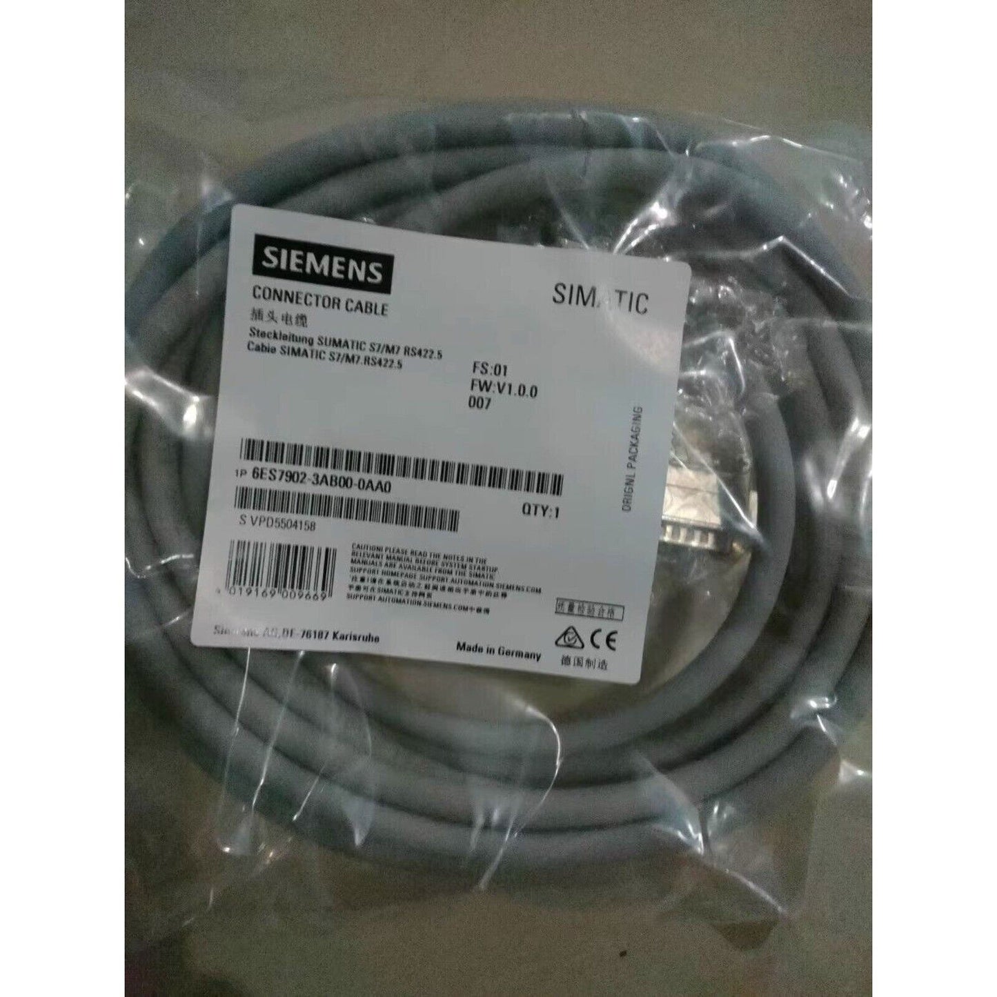 Siemens S7/M7 PLC Connector Cable 6ES7902-3AB00-0AA0, gray, packaged.