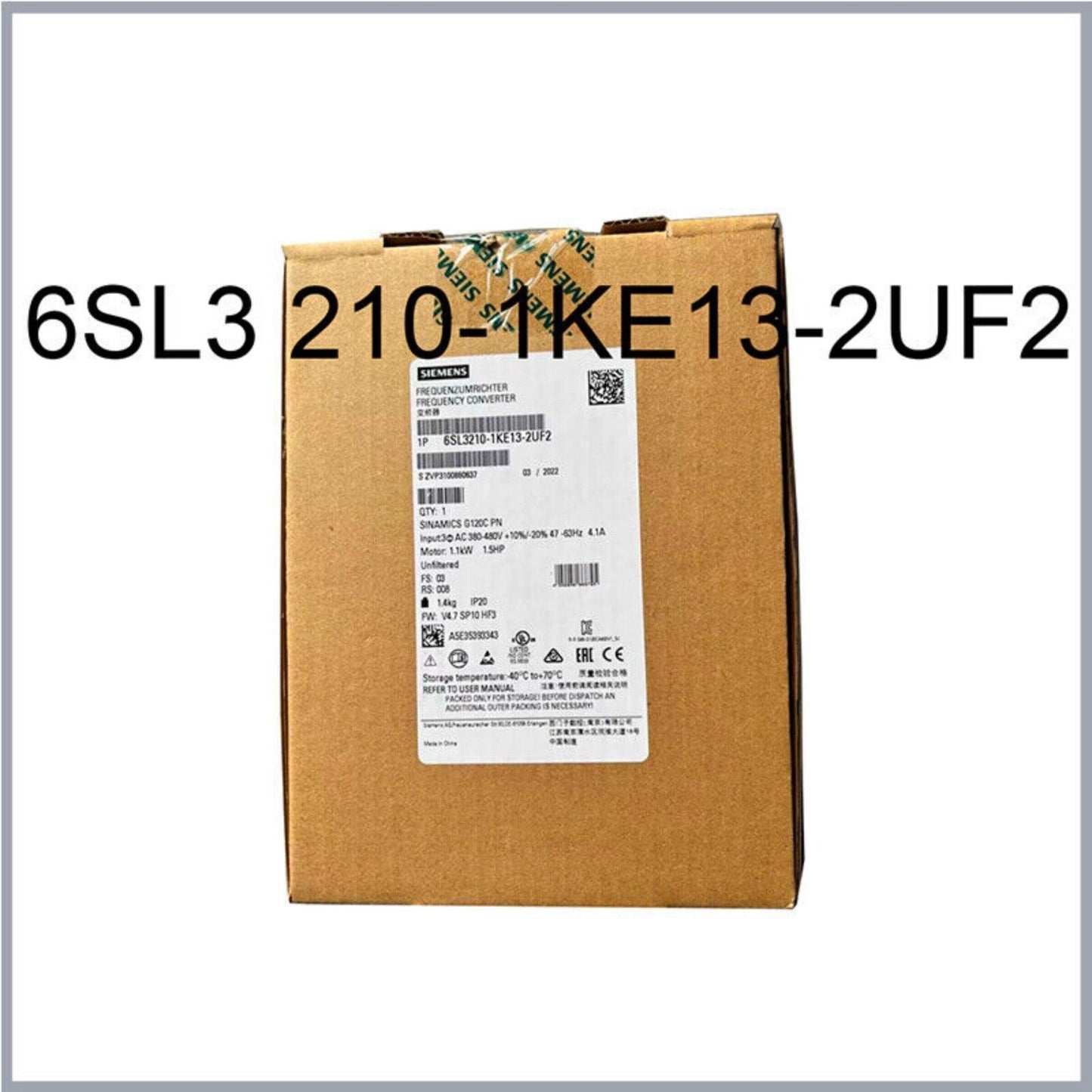 Siemens SINAMICS G120C 6SL3210-1KE13-2UF2 drive in box, industrial automation part, 1.1kW converter, packaging.