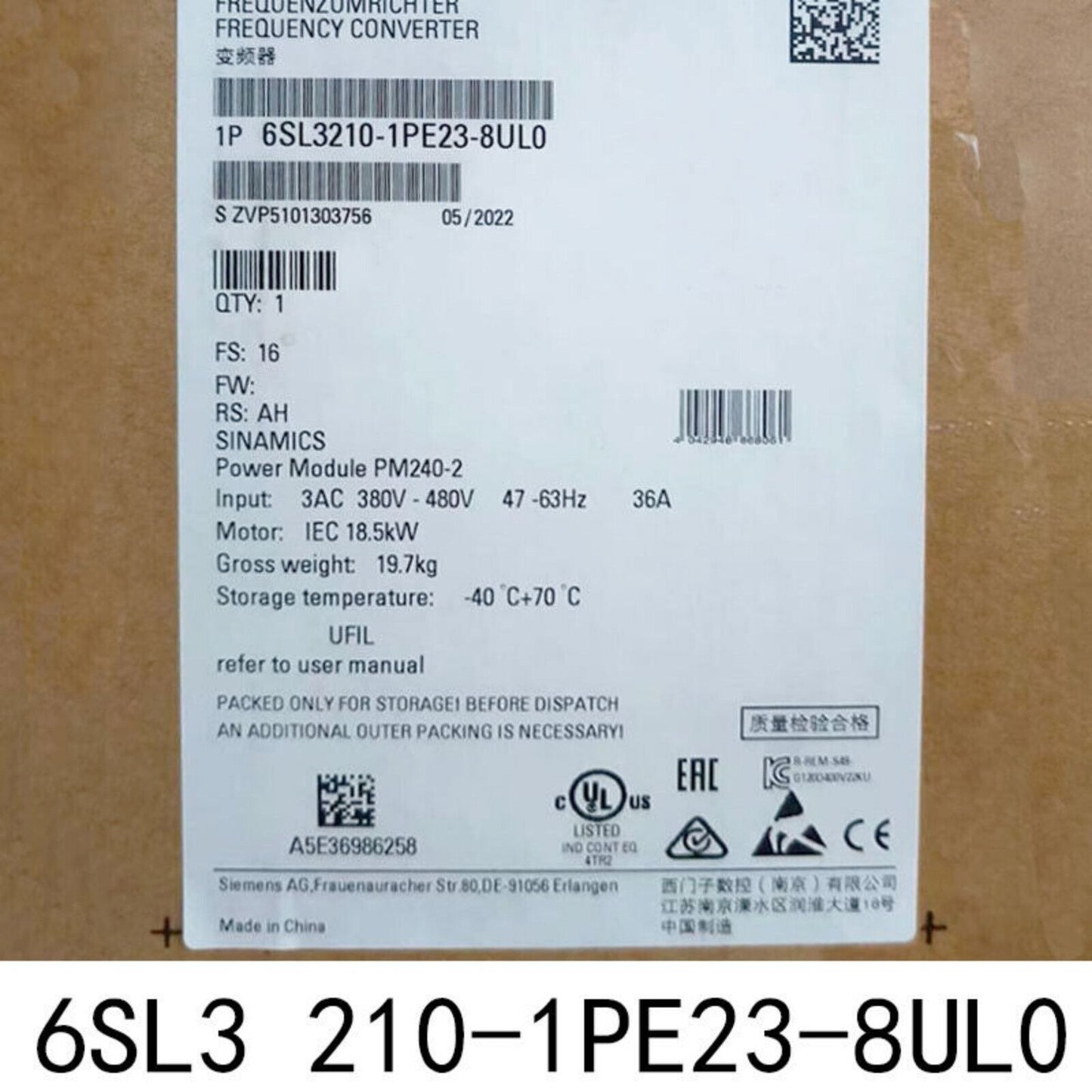 Siemens SINAMICS G120 Power Module PM240-2, model 6SL3210-1PE23-8UL0, rated for 18.5kW and 38A, 380-480V input.
