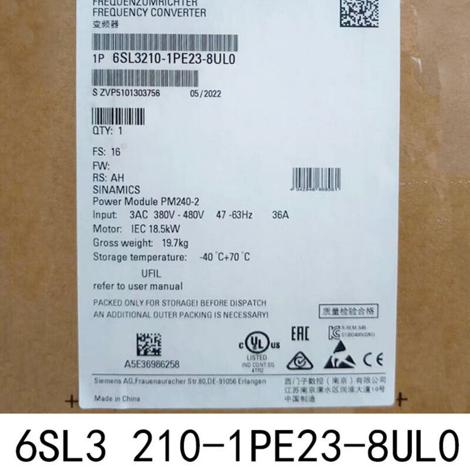 Siemens SINAMICS G120 Power Module PM240-2, model 6SL3210-1PE23-8UL0, rated for 18.5kW and 38A, 380-480V input.