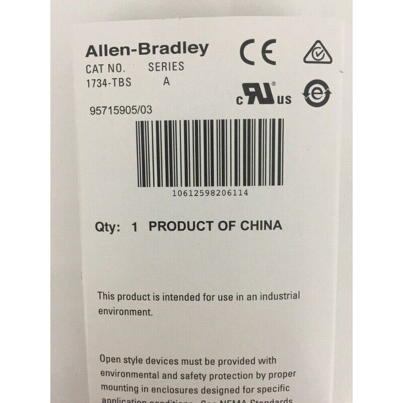 Allen-Bradley 1734-TBS POINT I/O Module label, product of China, with CE and safety certifications.