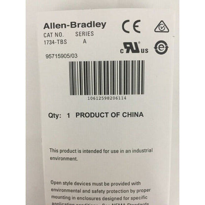 Allen-Bradley 1734-TBS POINT I/O Module label, product of China, with CE and safety certifications.
