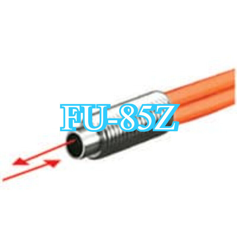 Keyence FU-85Z Fiber Optic Sensor, featuring metal casing, orange cable, and red light beams for industrial automation.