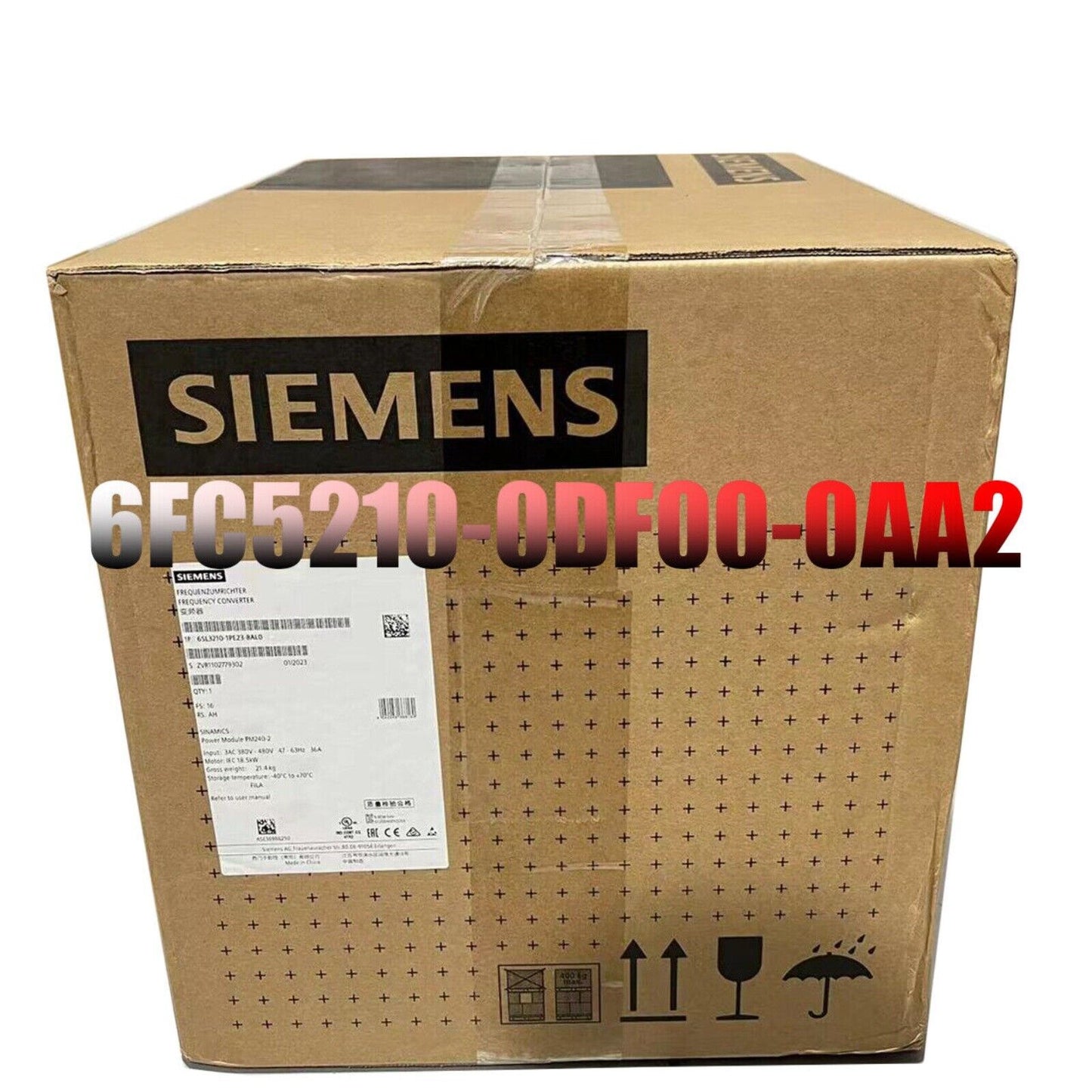 Siemens 6FC5210-0DF00-0AA2 industrial automation part, packaged in a cardboard box, with product details.