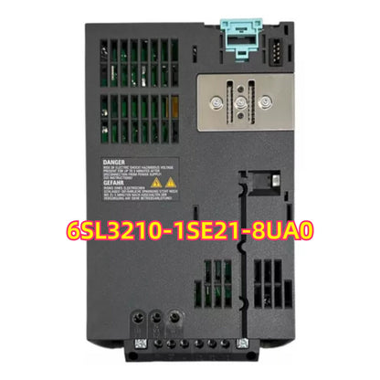 Siemens 6SL3210-1SE21-8UA0 Power Module PM340 VFD, gray with green and blue details. Warning labels are visible.