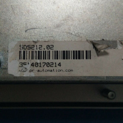 Close-up view of B&R 5D5212.02 Power Panel label with barcode and serial number, industrial automation part.