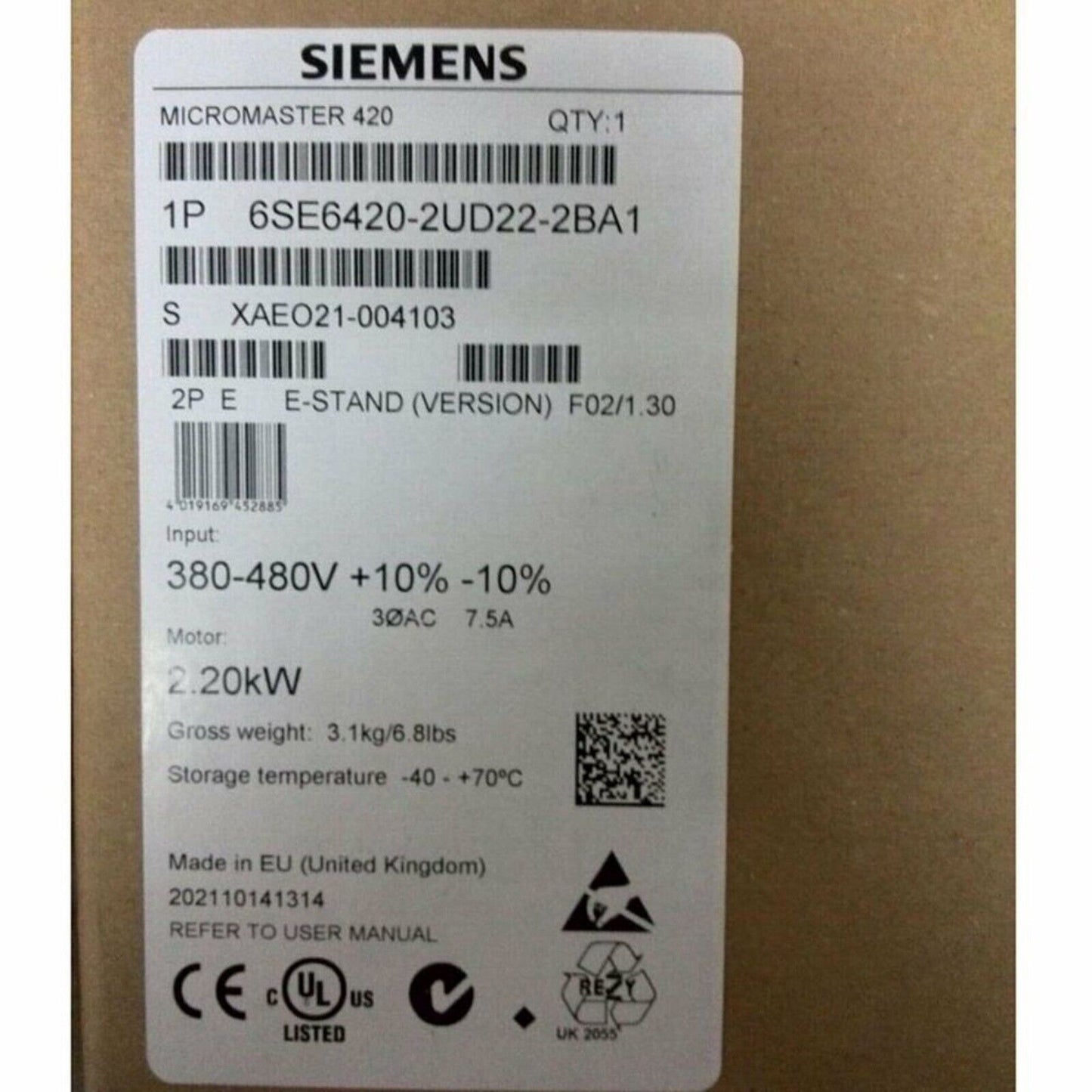 Siemens MICROMASTER 420 VFD label with key specifications: 6SE6420-2UD22-2BA1, 2.2kW, 380-480V, industrial motor control.
