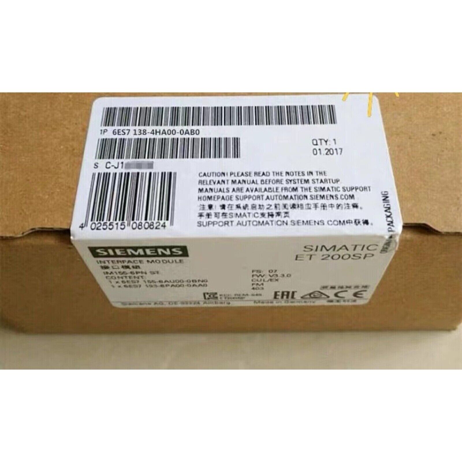 SIMATIC ET 200SP interface module box, 6ES7138-4HA00-0AB0, Siemens industrial automation part.
