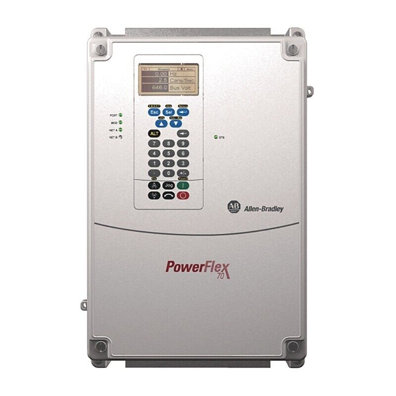 Allen-Bradley PowerFlex 70 AC Drive, 5 A, with control panel and display showing operational data.