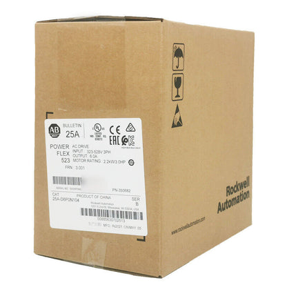 Allen-Bradley PowerFlex 523 AC Drive box, 25A, 2.2kW, with product information label, for industrial automation PLC.