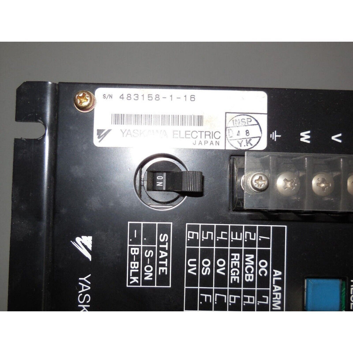 Yaskawa servo drive CACR-SR05BC1ES-Y278, labels, power switch detail, industrial automation part