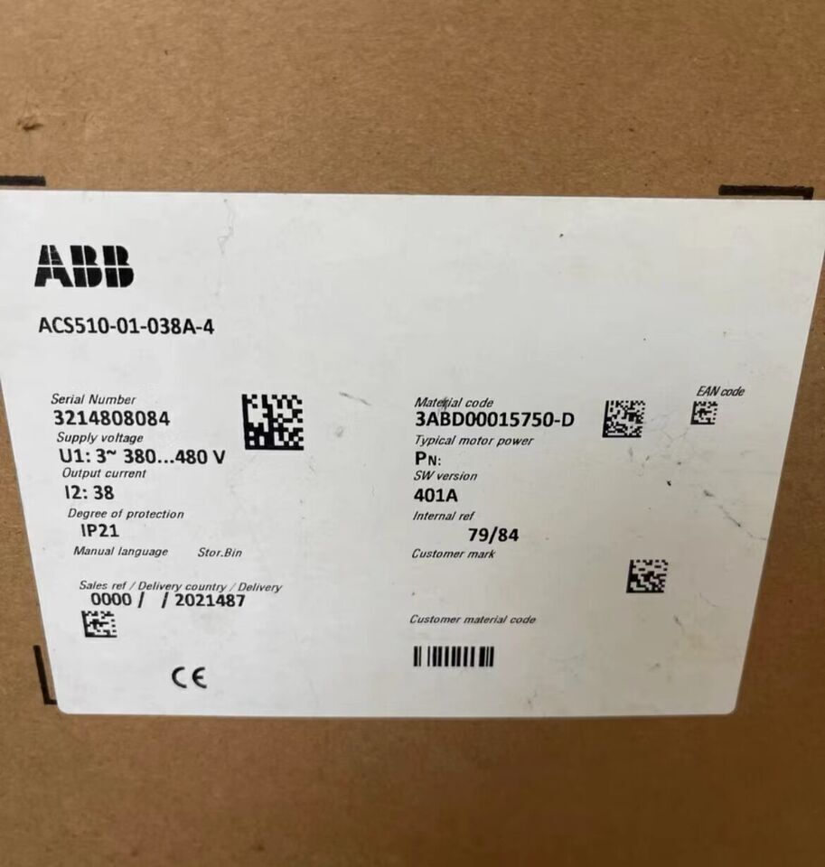 ABB ACS510-01-038A-4 frequency converter label details: model, specifications, serial number. Industrial automation parts.