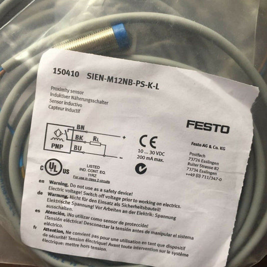 Festo SIEN-M12NB-PS-K-L proximity sensor with wiring diagram and safety warnings.