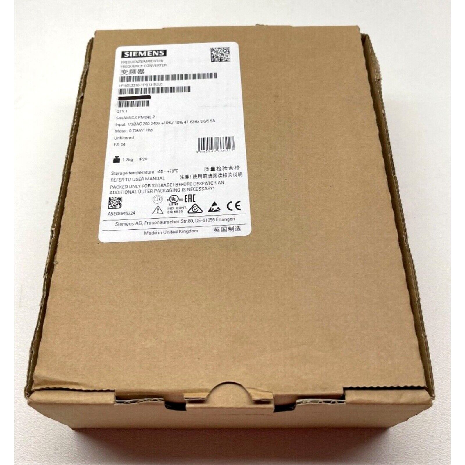 Siemens SINAMICS PM240-2 frequency converter, 6SL3210-1PB13-8UL0, in box. Industrial automation part, 200-240V.