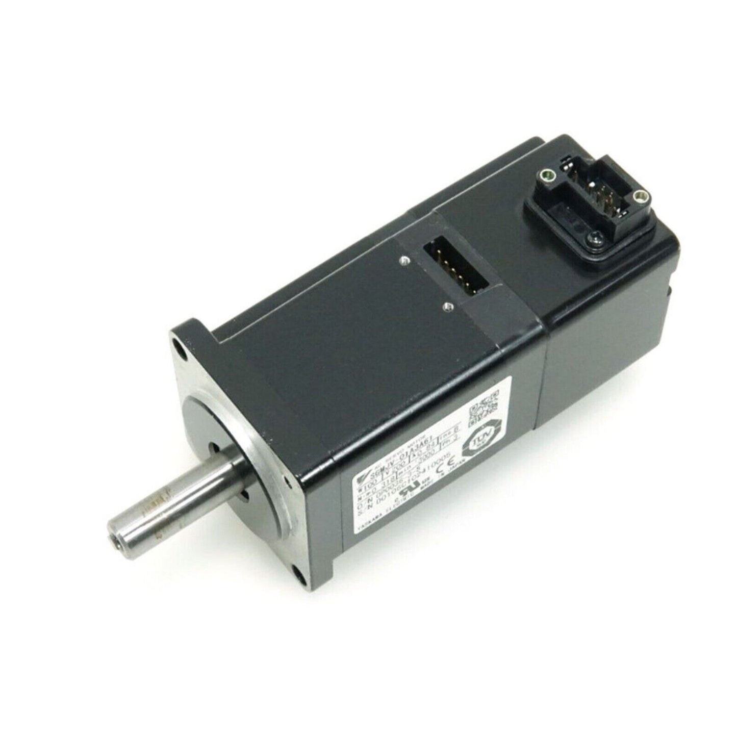 YASKAWA SGMJV-01A3A61 AC Servo motor, industrial equipment, black with silver shaft, angled shot on white background