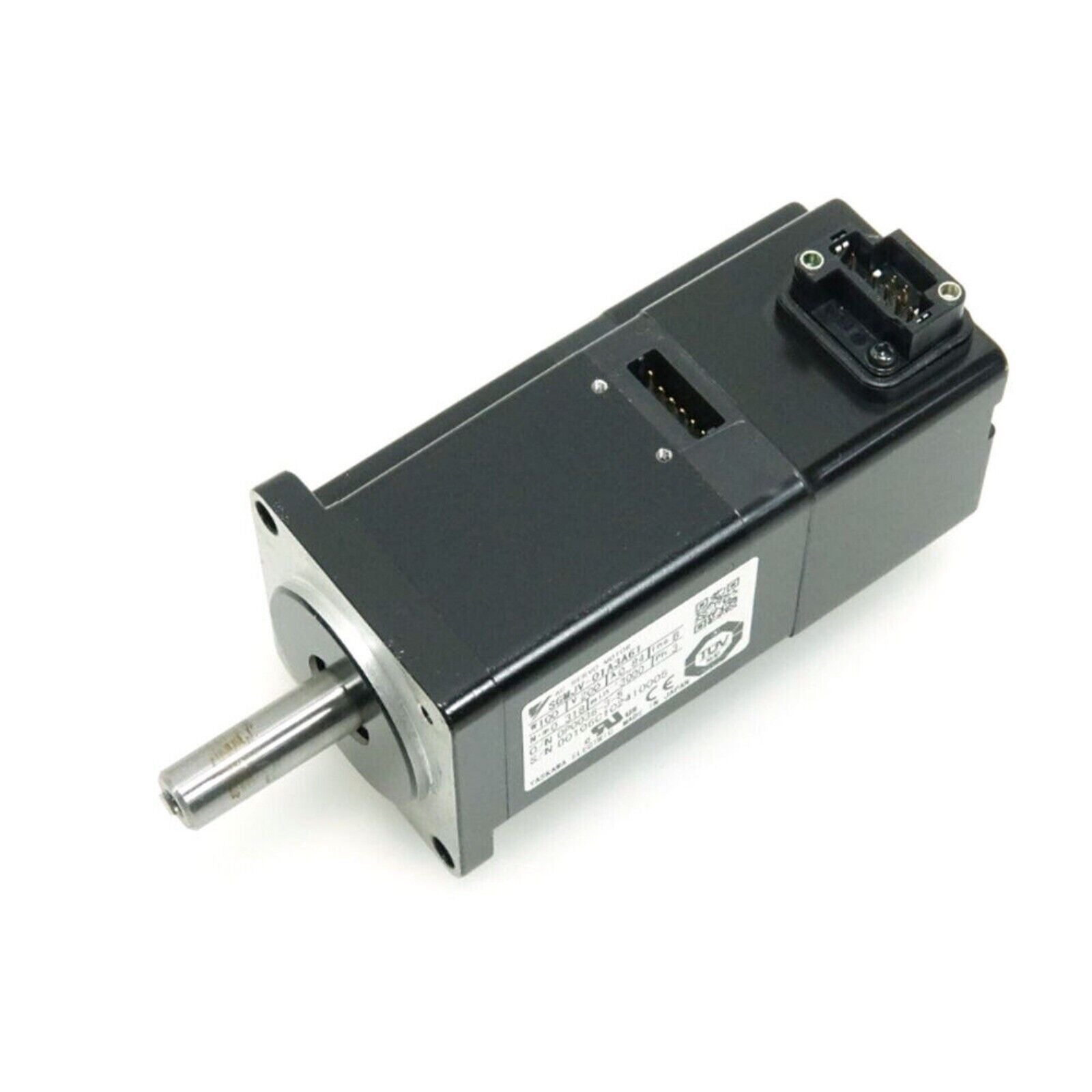 YASKAWA SGMJV-01A3A61 AC Servo motor, industrial equipment, black with silver shaft, angled shot on white background