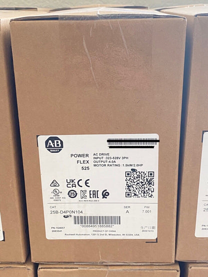 Allen-Bradley PowerFlex 525 AC Drive box, 1.5kW, 2Hp, 25B-D4P0N104, EtherNet/IP compatible, new industrial automation part.