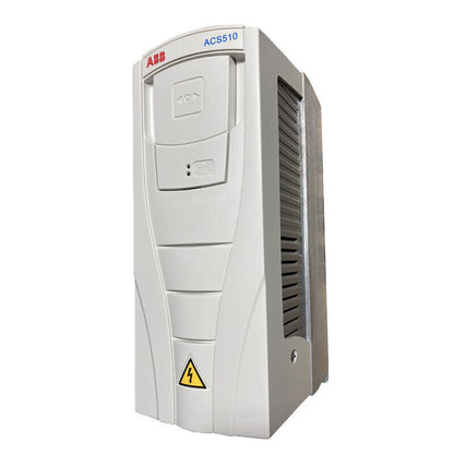 ABB ACS510 AC drive. White and grey enclosure with safety symbol, Power Fault indicators. Industrial motor control unit.