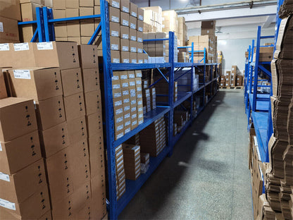 Warehouse stock of Allen-Bradley 1756-IRT8I modules in boxes on blue shelves, ready to ship.