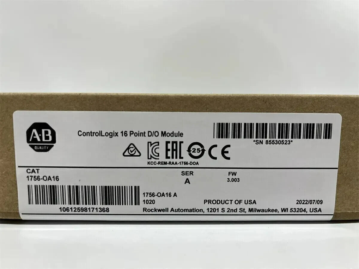 Allen-Bradley ControlLogix 1756-OA16 AC Output Module box, product details and specifications visible.