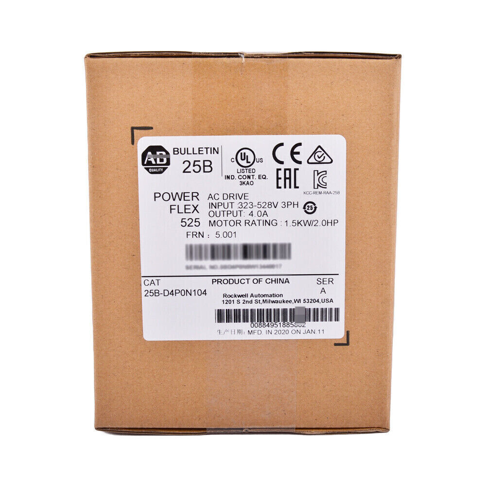 PowerFlex 525 AC Drive in its original box, 1.5kW, 2HP, 25B-D4P0N104, industrial automation part