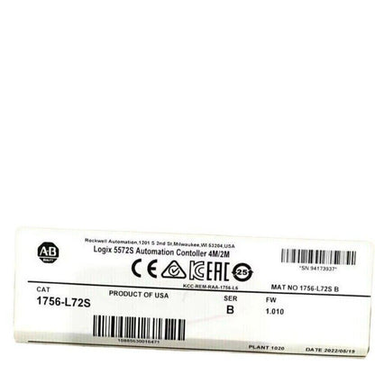 Allen-Bradley 1756-L72S Factory Sealed SER B GuardLogix 5572S Controller product label, USA made, 