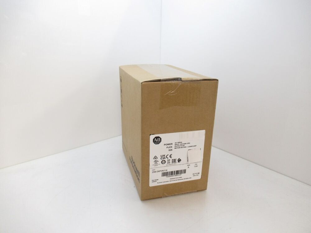 Allen-Bradley PowerFlex 525 AC Drive box, 25B-D6P0N114 model, industrial automation part, brown carton