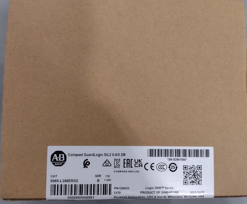 Allen-Bradley Compact GuardLogix 5069-L306ERS2 Safety Controller in its original packaging, featuring product information.