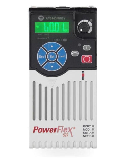 Allen-Bradley PowerFlex 525 AC Drive with display showing 60.01 Hz and control interface, ideal for industrial motor control.