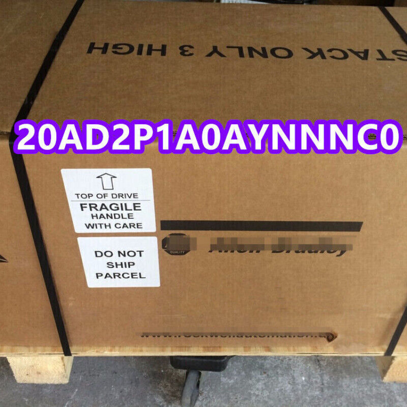 Allen-Bradley 20AD2P1A0AYNNNC0 PowerFlex 70 AC Drive in a shipping box, marked as fragile and 'do not ship parcel'.