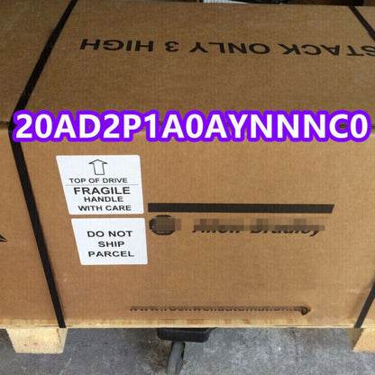 Allen-Bradley 20AD2P1A0AYNNNC0 PowerFlex 70 AC Drive in a shipping box, marked as fragile and 'do not ship parcel'.