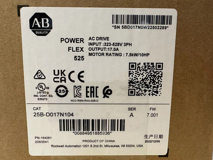 PowerFlex 525 AC Drive packaging: 25B-D017N104, 7.5kW, Allen-Bradley industrial motor control specifications.