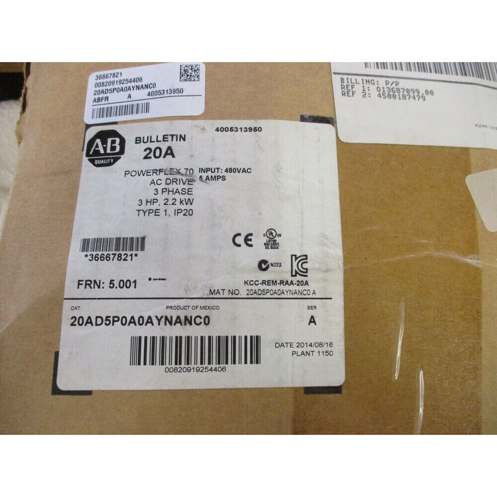 Allen-Bradley PowerFlex 70 AC Drive box, product code 20AD5P0A0AYNANC0, with specifications and certifications.