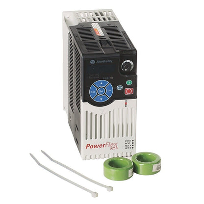 Allen-Bradley PowerFlex 525 AC drive. 0.75kW 1HP, with EtherNet/IP and keypad. Includes green cores.