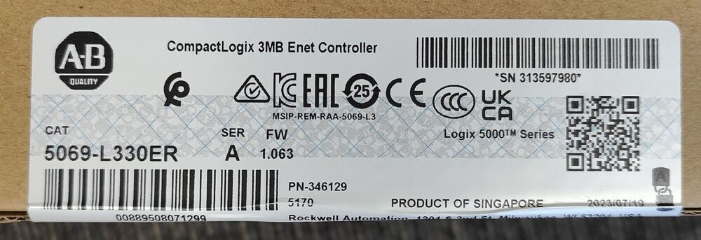 Allen-Bradley 5069-L330ER CompactLogix Controller label, Ethernet/IP, Industrial Automation Part, product of Singapore.