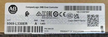 Allen-Bradley 5069-L330ER CompactLogix Controller label, Ethernet/IP, Industrial Automation Part, product of Singapore.