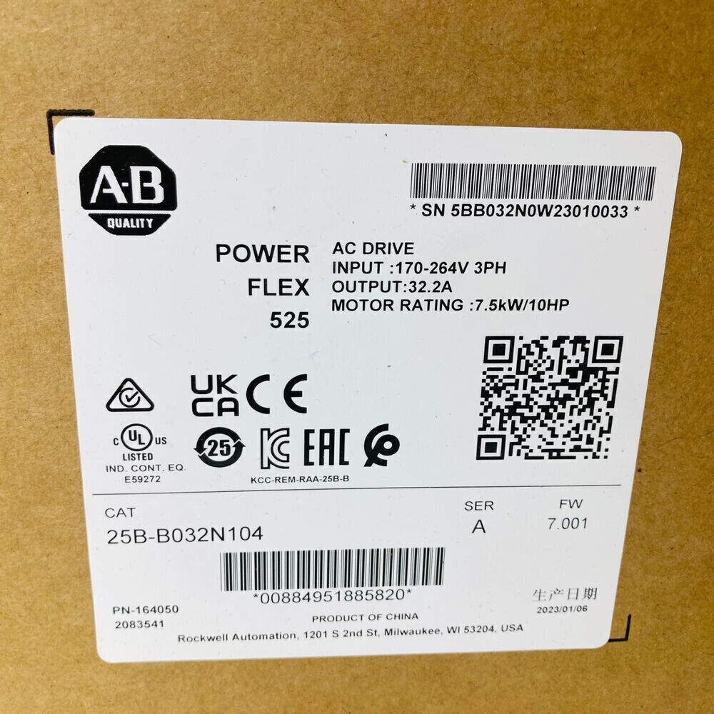 Allen-Bradley PowerFlex 525 AC drive label: 32A, 10HP, 25B-B032N104 model, specifications.